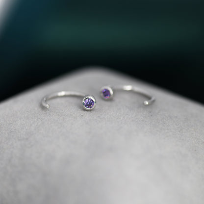 2mm Amethyst Purple CZ Huggie Hoop Earrings in Sterling Silver, Silver or Gold, Half Hoop, Open Hoop, Pull Through, February Birthstone