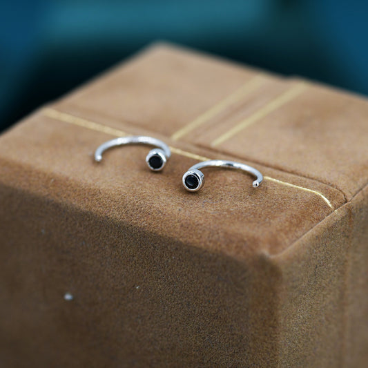 2mm Black Diamond CZ Huggie Hoop Earrings in Sterling Silver, Silver or Gold, Half Hoop, Open Hoop, Pull Through