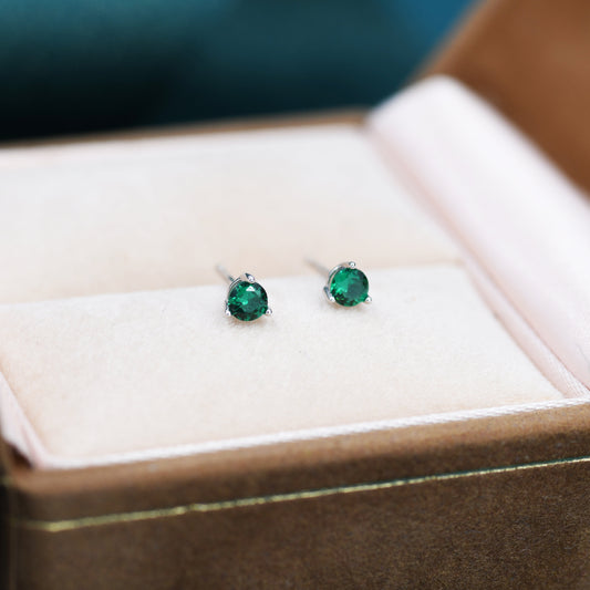 Emerald Green CZ Crystal Stud Earrings in Sterling Silver, 3mm Three Prong, Gold or Silver, Tiny Stud