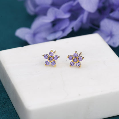 Pair Amethyst Purple CZ Flower Stud Earrings in Sterling Silver, Silver or Gold, Crystal Flower Earrings, Stacking Earrings