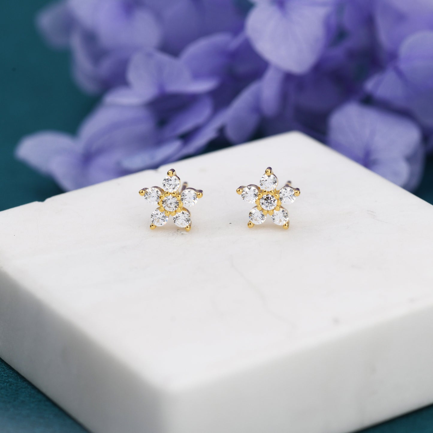 Very Sparkly Forget-me-not Flower Dainty Stud Earrings in Sterling Silver with CZ Crystals, Nature Inspired Design, Delicate and Pretty
