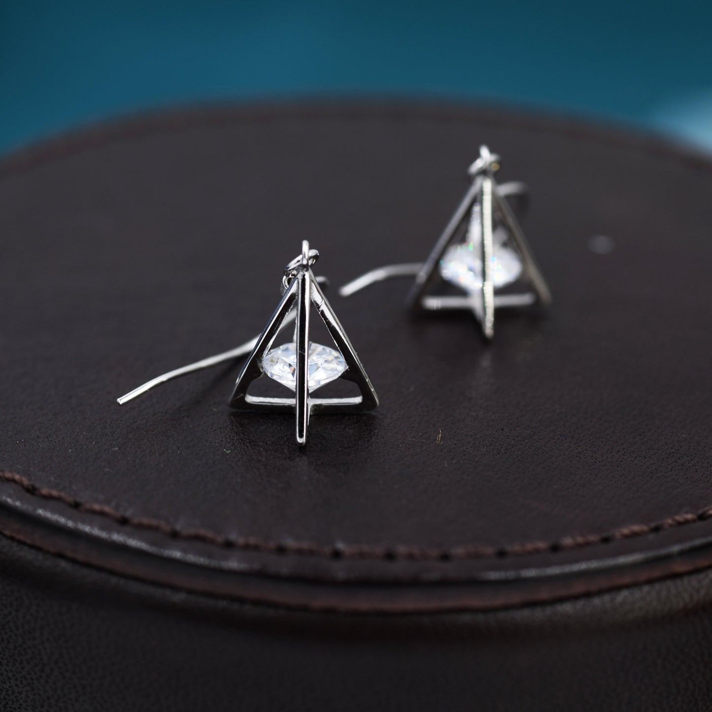 Sterling Silver Caged Crystal Diamond Pyramid Drop Hook Earrings, Gold Coated Sterling Silver, Modern Geometric Jewellery