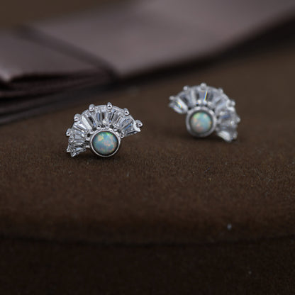 White Opal Fan Stud Earrings in Sterling Silver, Silver or Gold, Crown Opal Earrings, Tiny Fire Opal Earrings, Tribal Inspired.