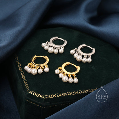 Mother of Pearl Huggie Hoop Earrings in Sterling Silver,  Pearl Cluster Dangle Earrings, Gold and Silver