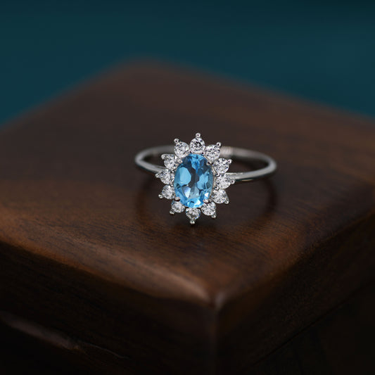 Genuine Swiss Blue Topaz and CZ Halo Ring in Sterling Silver, Natural Topaz Stone Ring, Stacking Rings, US 5-8
