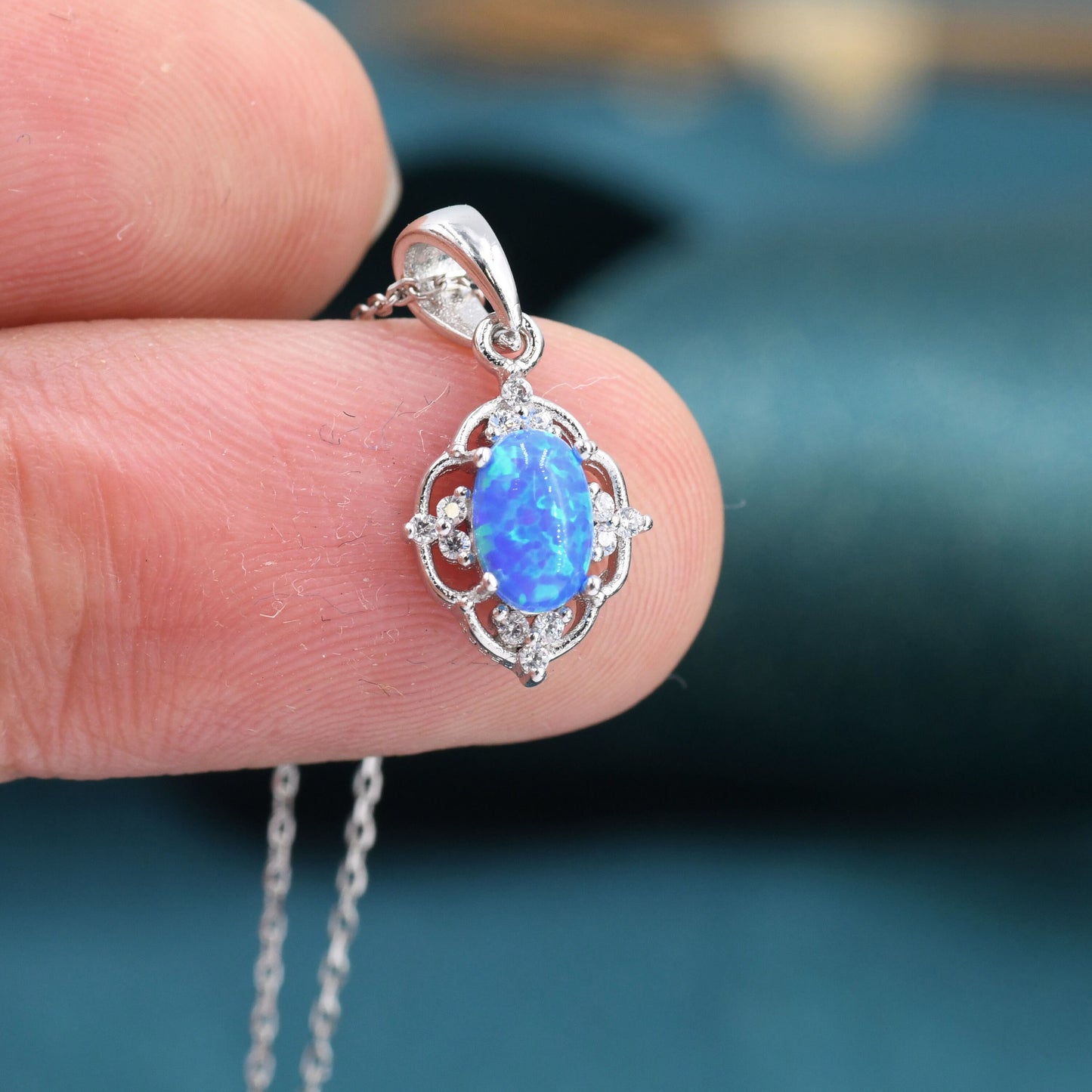 Vintage Style Tiny Blue Opal Pendant Necklace in Sterling Silver, Lace Opal Necklace
