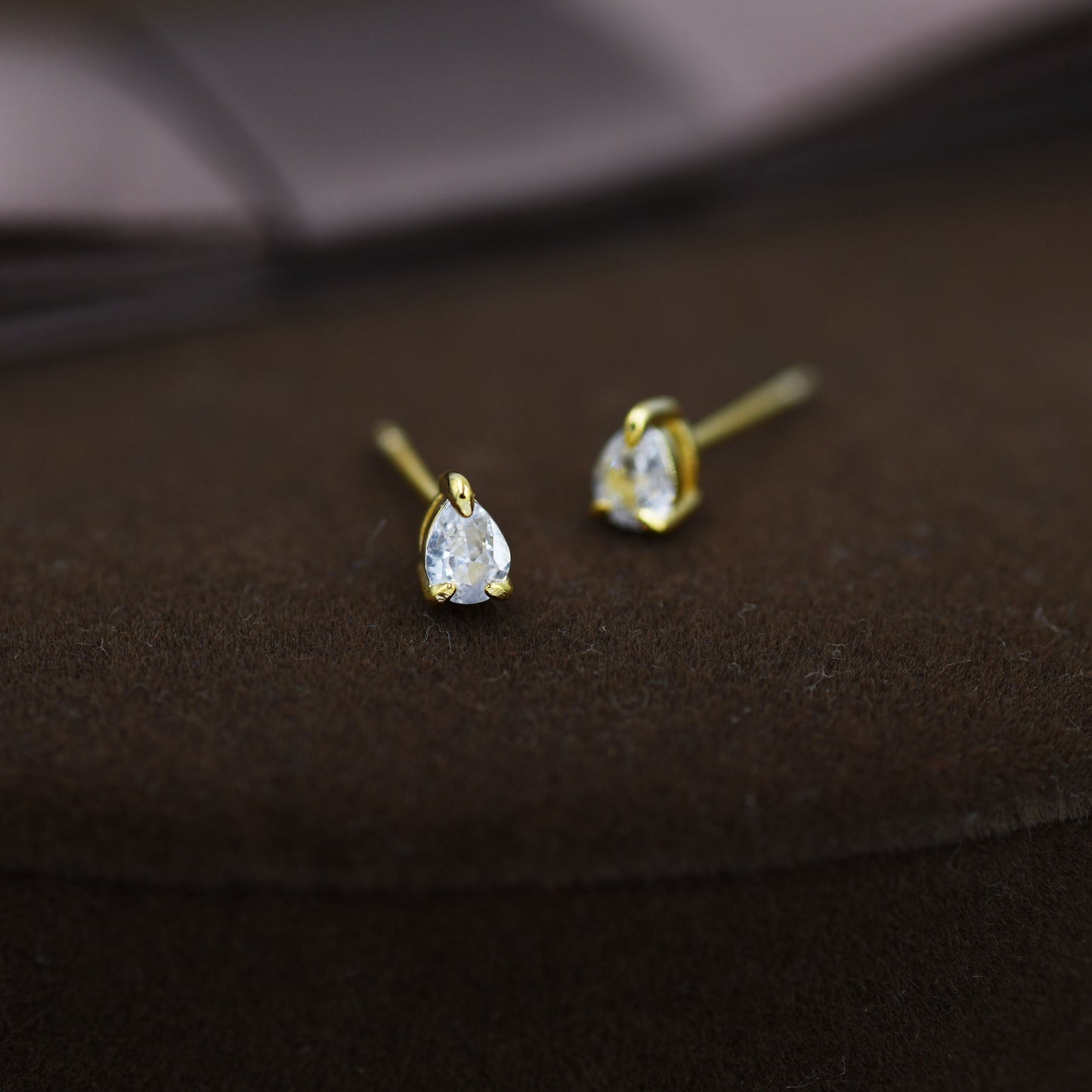 Extra Tiny Droplet CZ Stud Earrings in Sterling Silver, Tiny Pear Cut CZ Stud Earrings, Silver or Gold