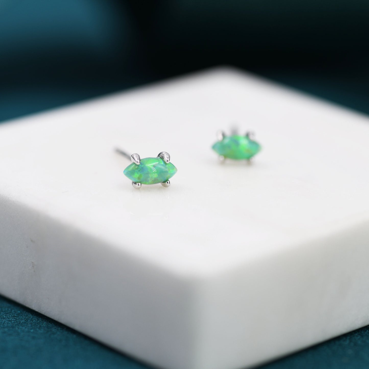 Tiny Mint Green Opal Marquise Stud Earrings in Sterling Silver, Tiny Marquise Opal Earrings, Mint Green Opal, Lab Opal Stud