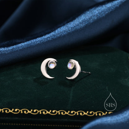 Cresent Moon with Moonstone Stud Earrings in Sterling Silver, Moon Earrings, Moon Stud, Celestial Moon Earrings