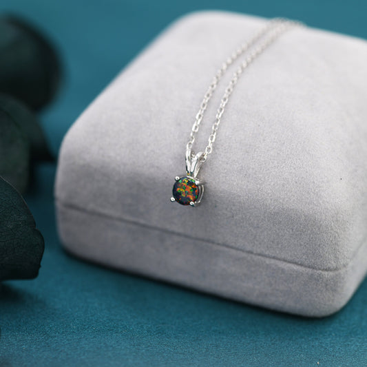 Tiny Black Opal Pendant Necklace in Sterling Silver, 5mm Lab Opal Necklace,  Single Opal Necklace, Fire Opal Necklace