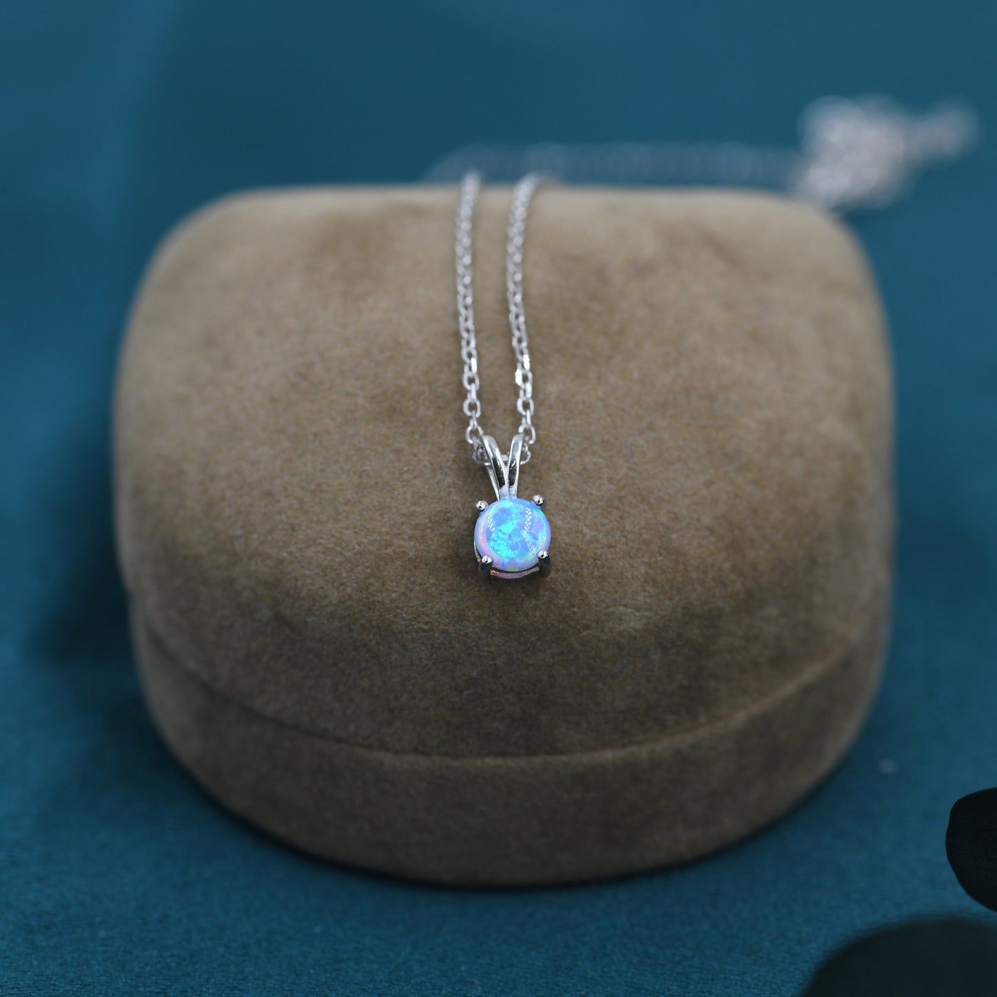 Tiny Blue Opal Pendant Necklace in Sterling Silver, 5mm Lab Opal Necklace,  Single Opal Necklace, Fire Opal Necklace