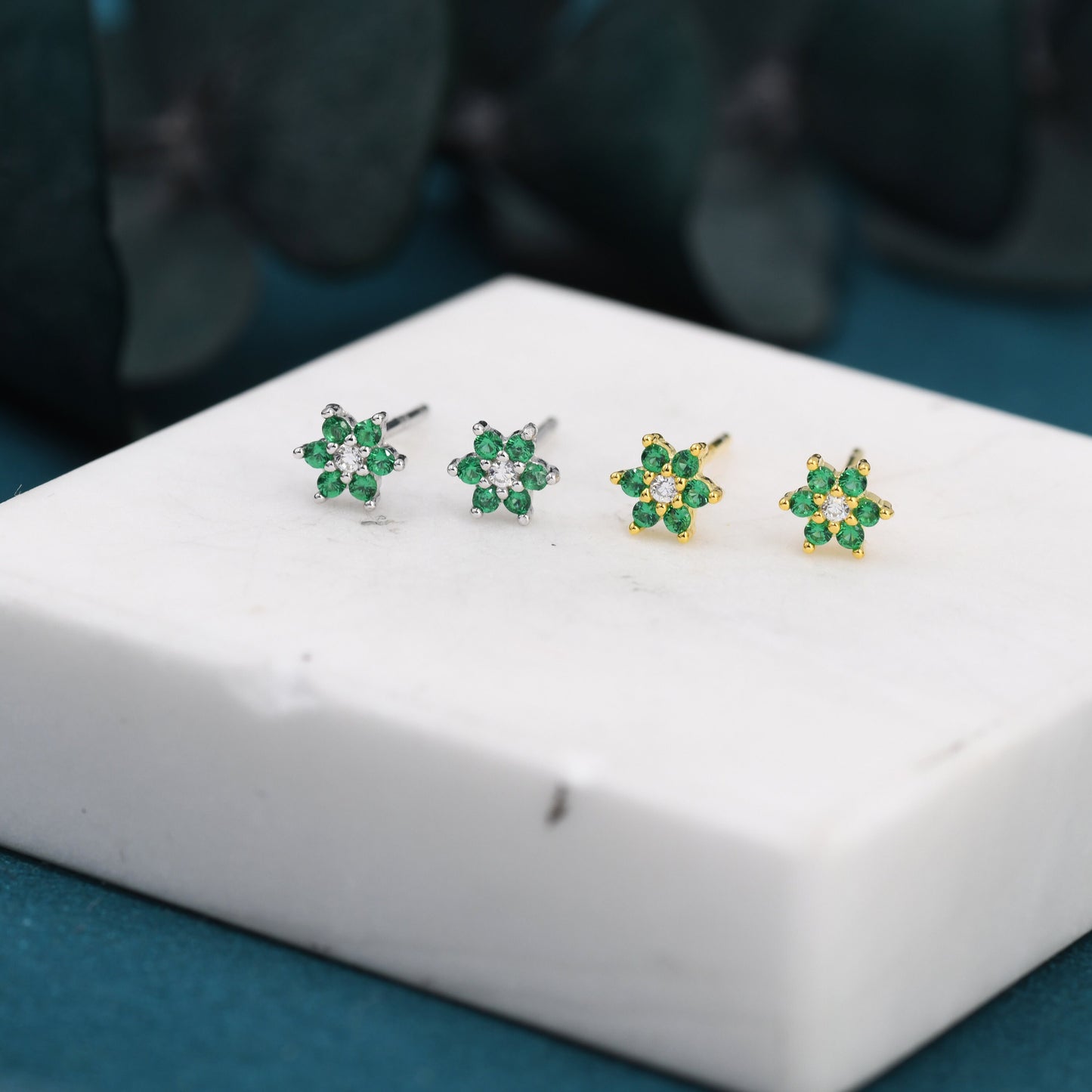 Very Tiny Emerald Green CZ Flower Stud Earrings in Sterling Silver, Silver or Gold, Crystal Flower Earrings, Stacking Earrings