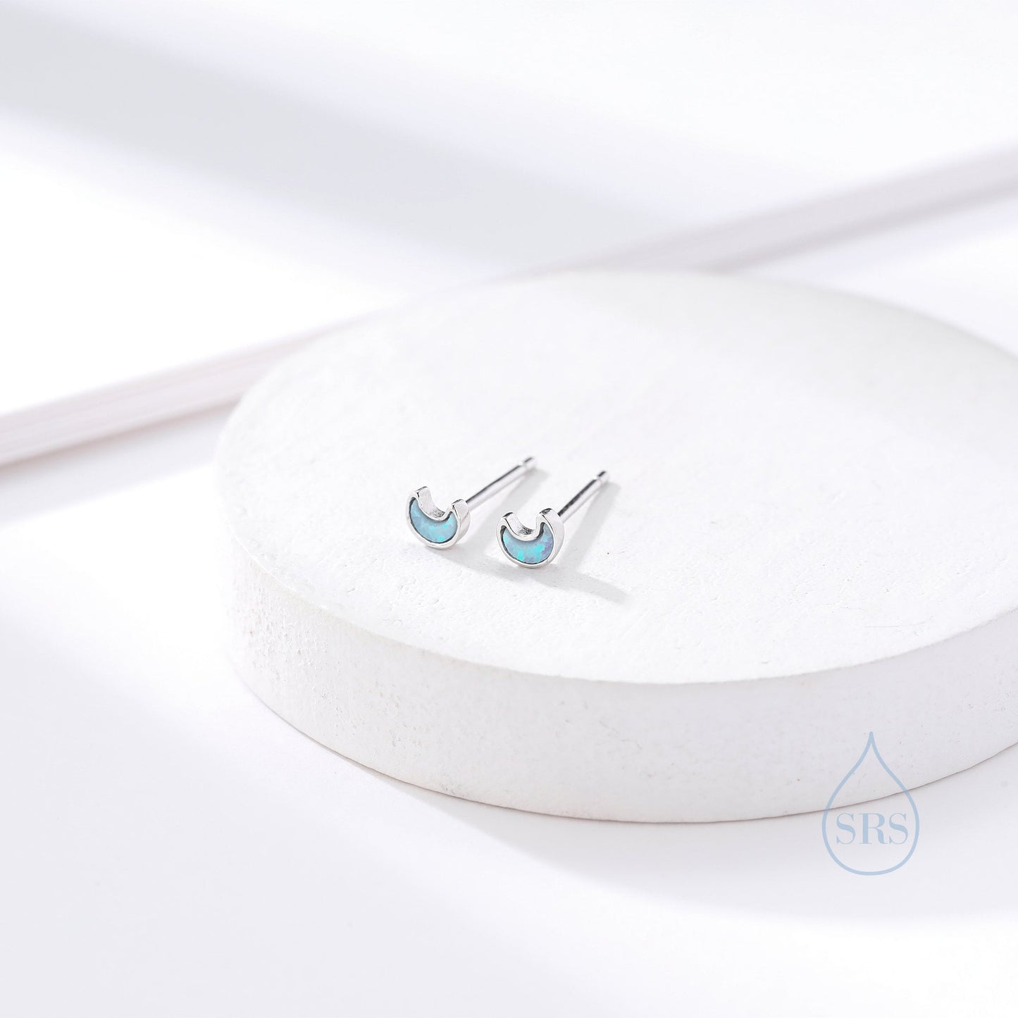 Extra Tiny Opal Moon Stud Earrings in Sterling Silver - Blue Opal or White Opal - Gold or Silver - New Moon Earrings - Petite Stud Earrings