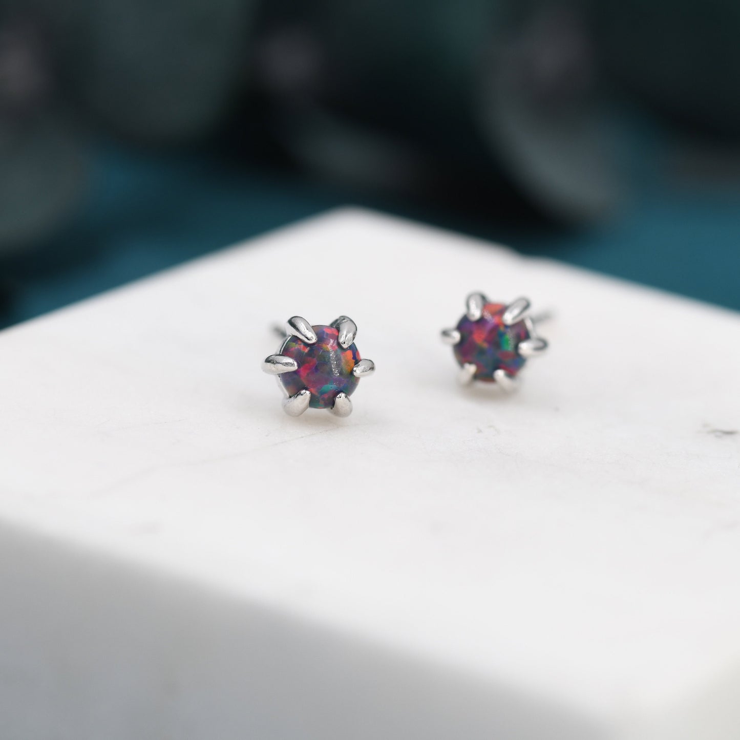 Cosmic Purple Opal Long Prong Stud Earrings in Sterling Silver, Silver or Gold, Opal Earrings, Tiny Opal Earrings, Dainty Opal Earrings