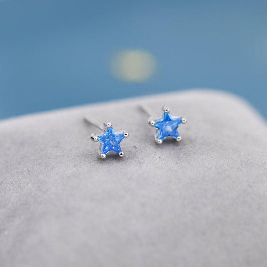 Aquamarine Blue CZ Star Stud Earrings in Sterling Silver,  Silver or Gold, Blue Star CZ Earrings