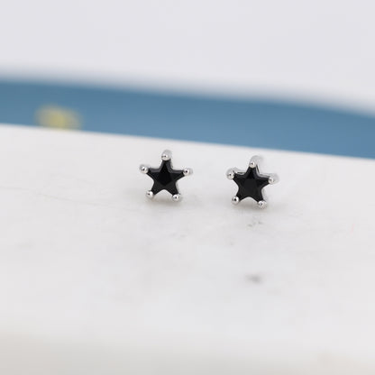 Black CZ Star Stud Earrings in Sterling Silver, Silver or Gold, Black Star Earrings, Solid Silver Black Crystal Star Earrings