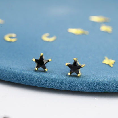 Black CZ Star Stud Earrings in Sterling Silver, Silver or Gold, Black Star Earrings, Solid Silver Black Crystal Star Earrings
