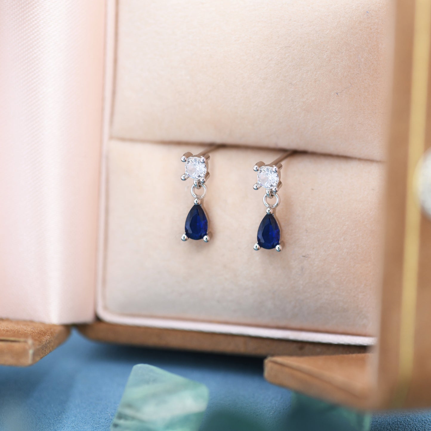 Tiny Sapphire Blue CZ Dangle Stud Earrings in Sterling Silver with Round and Droplet CZ, Silver or Gold, Two CZ Prong Set Earrings