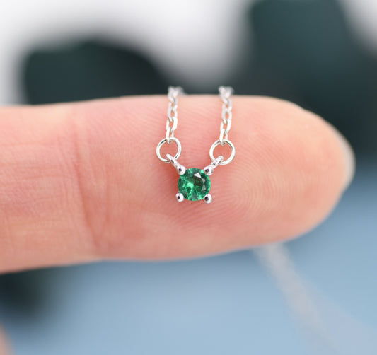 Extra Tiny Emerald Green CZ Necklace in Sterling Silver, Silver or Gold, Diamond Cut CZ Pendant Necklace, May Birthstone