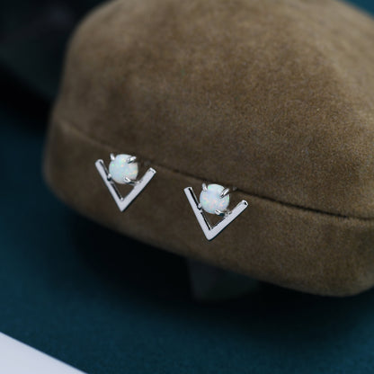 Sterling Silver Opal Chevron Stud Earrings, V shape Opal Earrings, Geometric Opal Earrings, Lab Opal Studs