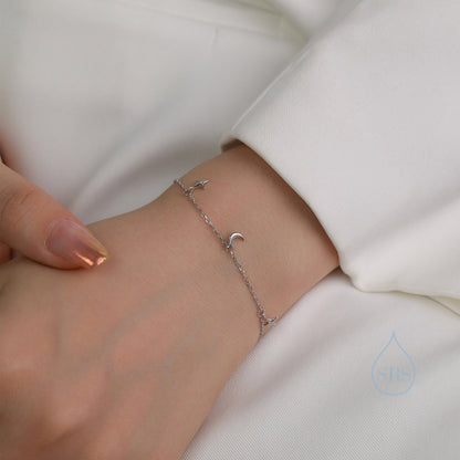 Sterling Silver Moon and Star Bracelet, Silver or Gold or Rose gold, Moon and Star Charm Bracelet, Celestial Jewellery
