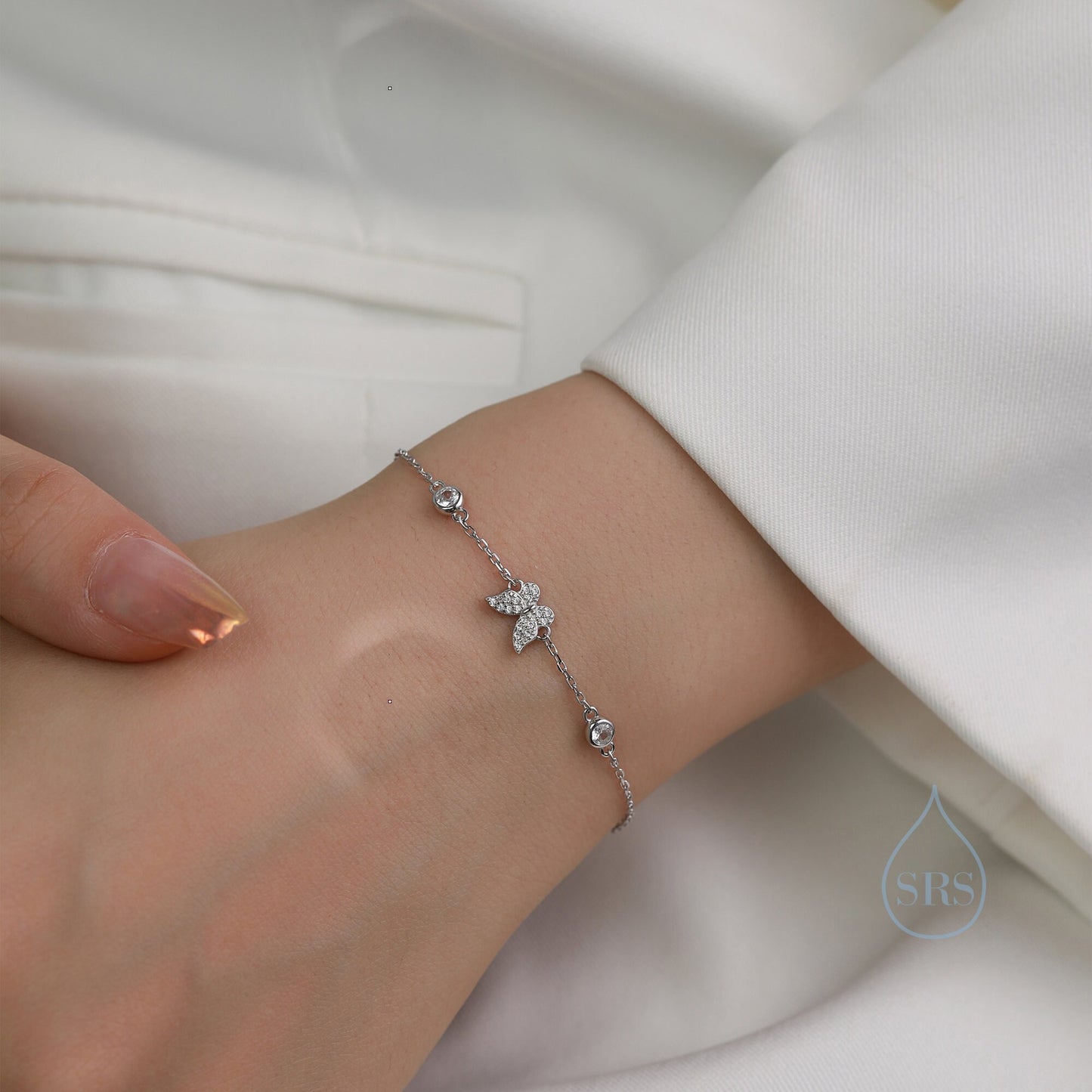 CZ and Crystal Butterfly Floating Bracelet in Sterling Silver, Silver or Gold or Rose gold, Satellite Bracelet, Solid Silver Bracelet