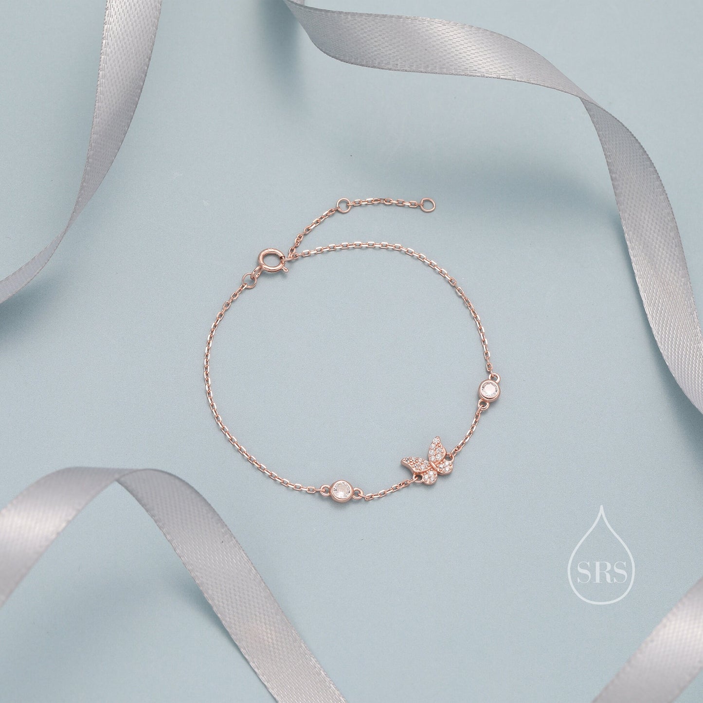 CZ and Crystal Butterfly Floating Bracelet in Sterling Silver, Silver or Gold or Rose gold, Satellite Bracelet, Solid Silver Bracelet