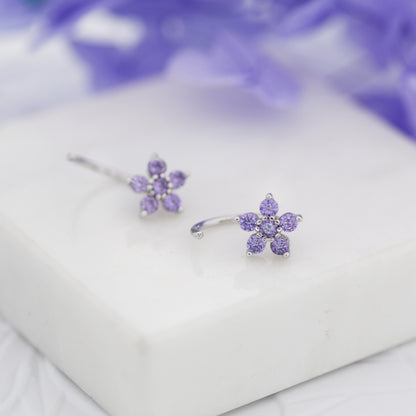 Amethyst Purple CZ Flower Huggie Hoop Earrings in Sterling Silver, Gold or Silver, CZ Flower Threader Hoop Earrings, Pull Through, C Shape