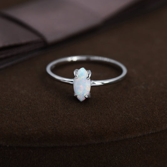 Fire Opal Marquise Ring in Sterling Silver, US 5 - 8,  Single Opal Marquise Ring, Silver Opal Ring, Lab Opal Stone Ring, White Opal Ring