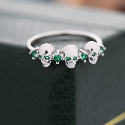 Sterling Silver Triple Skull Ring with Emerald Green CZ, Silver Skull Ring, Tiny Skull Ring, US 5-8, Skeleton Ring