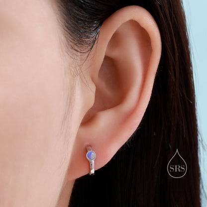 Blue Opal Dagger Huggie Hoop Earrings in Sterling Silver, Tiny Opal Hoops, Opal Hoops