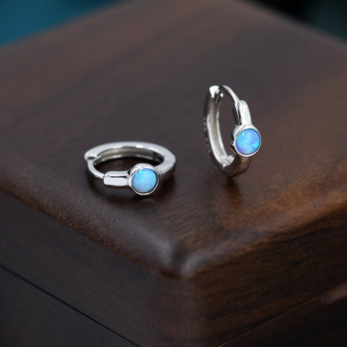 Blue Opal Dagger Huggie Hoop Earrings in Sterling Silver, Tiny Opal Hoops, Opal Hoops