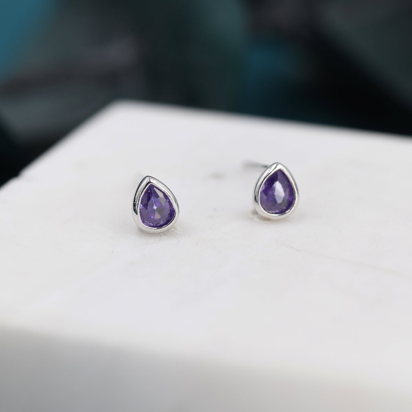 Extra Tiny Amethyst Purple Droplet CZ Stud Earrings in Sterling Silver, Tiny Pear Cut Bezel CZ Stud Earrings, February Birthstone
