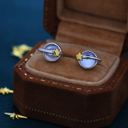 Little Planet Stud Earrings in Sterling Silver with Simulated Moonstone, Moonstone Planet Earrings, Moonstone Planet Stud, Saturn Earrings