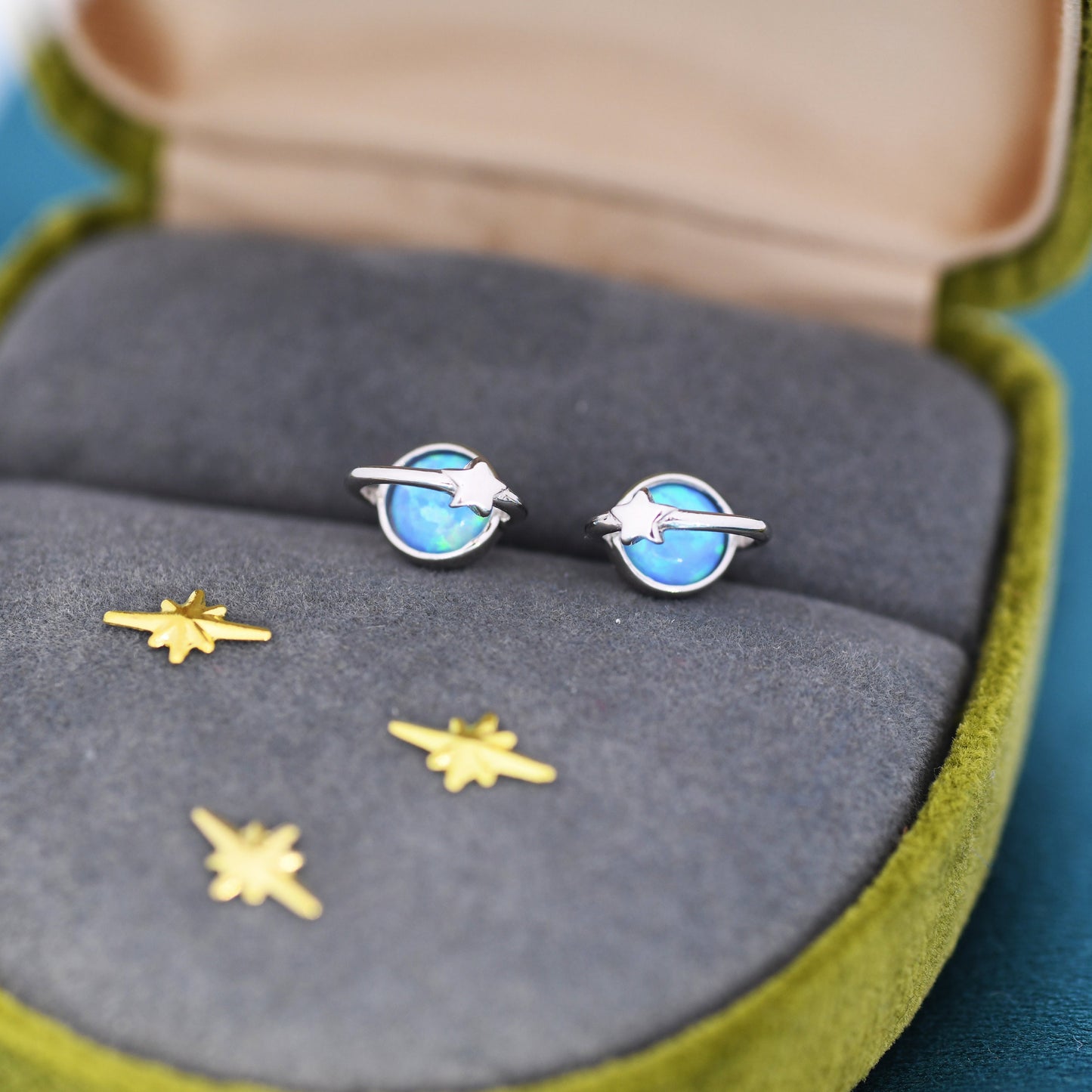 Blue Opal Planet Stud Earrings in Sterling Silver, Lab Opal Planet Earrings, Fire Opal Saturn Earrings