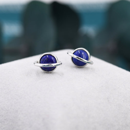 Genuine Blue Lapis Lazuli Planet Stud Earrings in Sterling Silver, Blue Lapis Planet Earrings, Blue Saturn Earrings