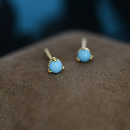 Very Tiny Genuine Turquoise Stone Stud Earrings in Sterling Silver, 3mm Turquoise Stud, Silver or Gold, Blue Turquoise Earrings, December