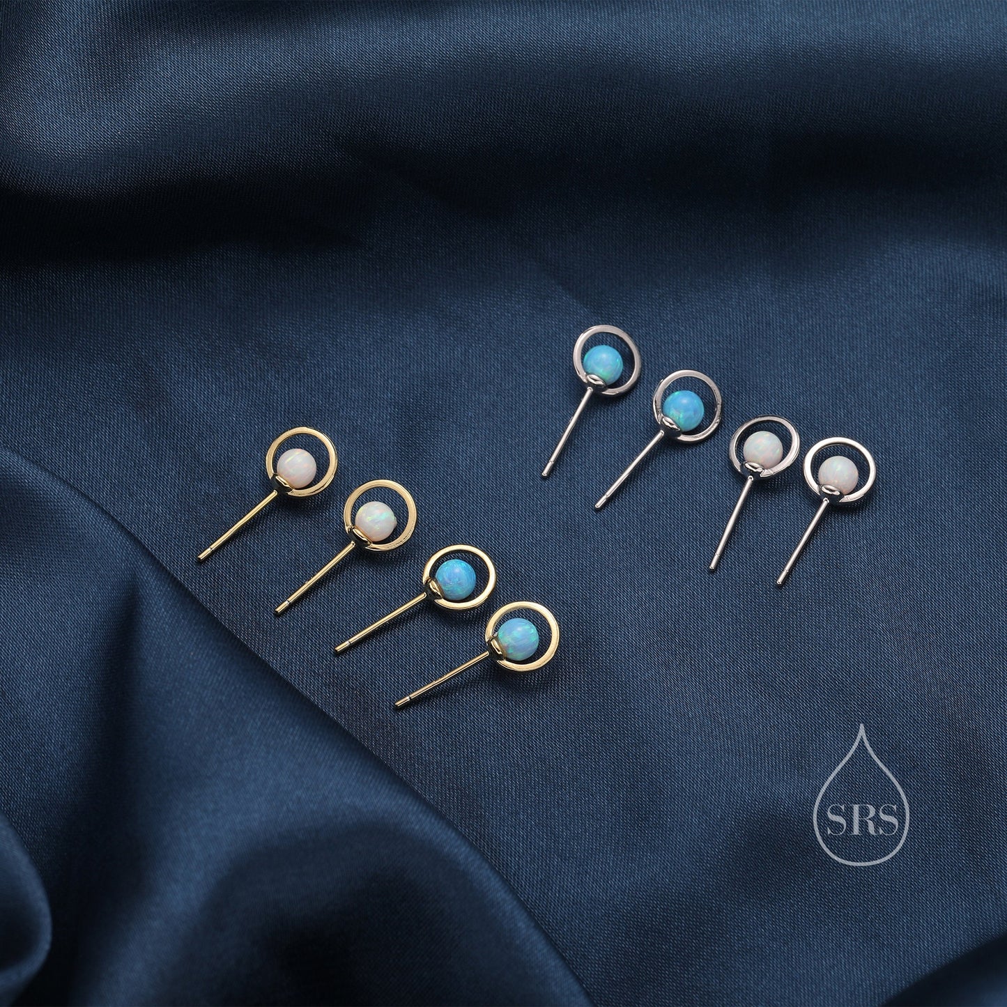 Sterling Silver Blue Planet Opal Stud Earrings, Saturn Earrings, Halo Opal Bead Stud, Blue and White , Gold or Silver Minimalist Geometric