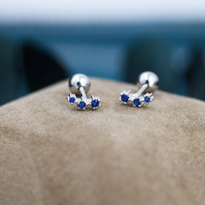 Tiny Sapphire Blue CZ Trio Screw Back Earrings in Sterling Silver, Silver or Gold, Tiny Three Star CZ Barbell Earrings, Stacking Earrings