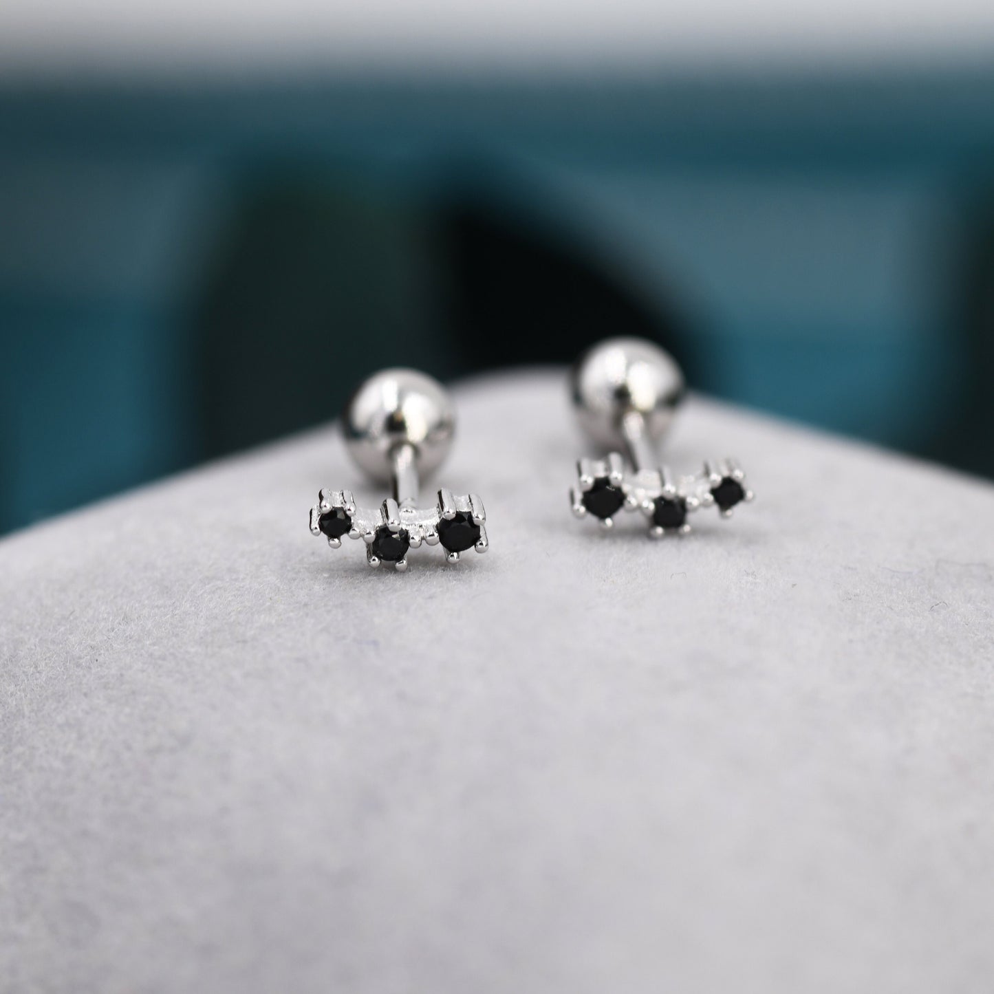 Tiny Black CZ Trio Screw Back Earrings in Sterling Silver, Silver or Gold, Tiny Three Star CZ Barbell Earrings, Stacking Earrings