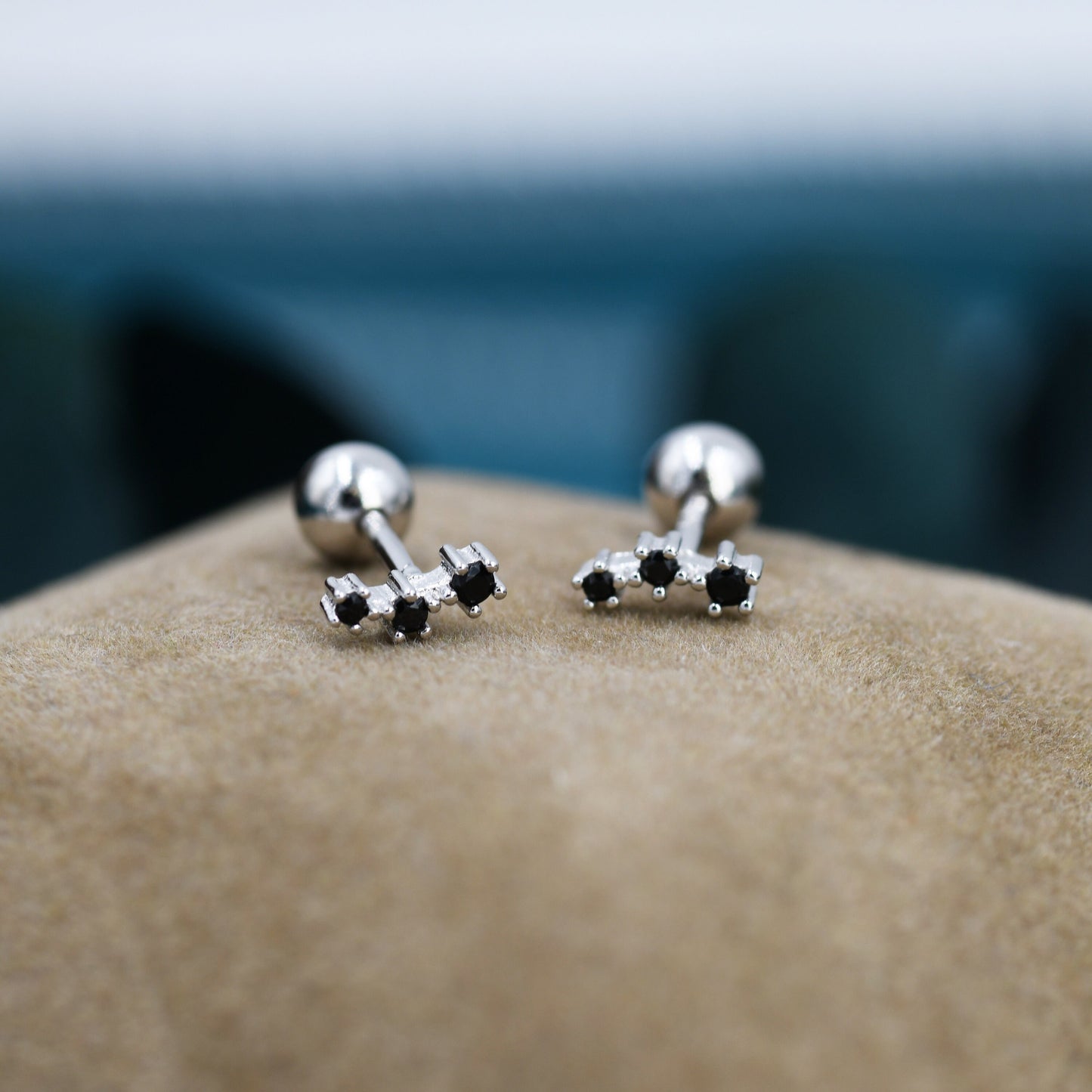 Tiny Black CZ Trio Screw Back Earrings in Sterling Silver, Silver or Gold, Tiny Three Star CZ Barbell Earrings, Stacking Earrings