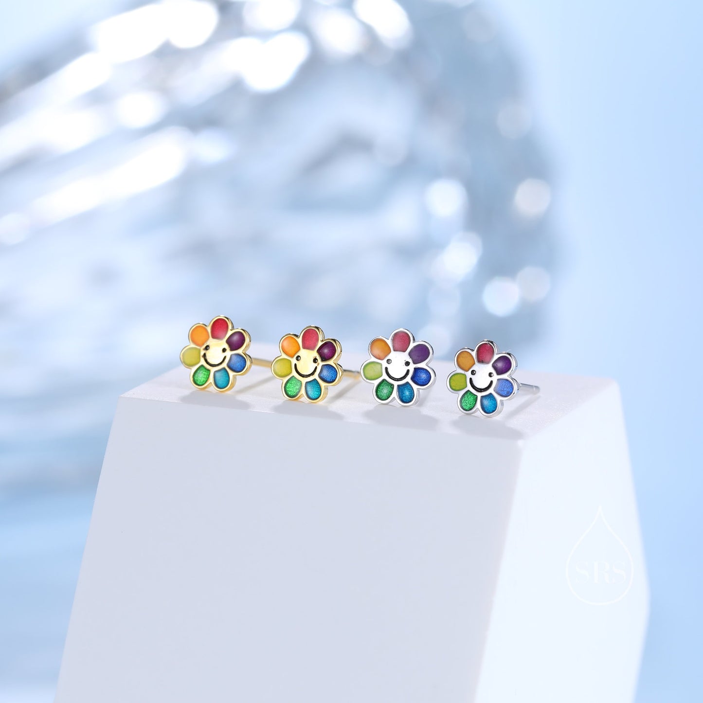 Enamel Smiling Flower Stud Earrings in Sterling Silver,  Silver Rainbow Flower Earrings, Multi Colour Flower Stud in Sterling Silver