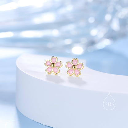 Enamel Cherry Blossom Stud Earrings in Sterling Silver, Pink Cherry Blossom Flower Earrings