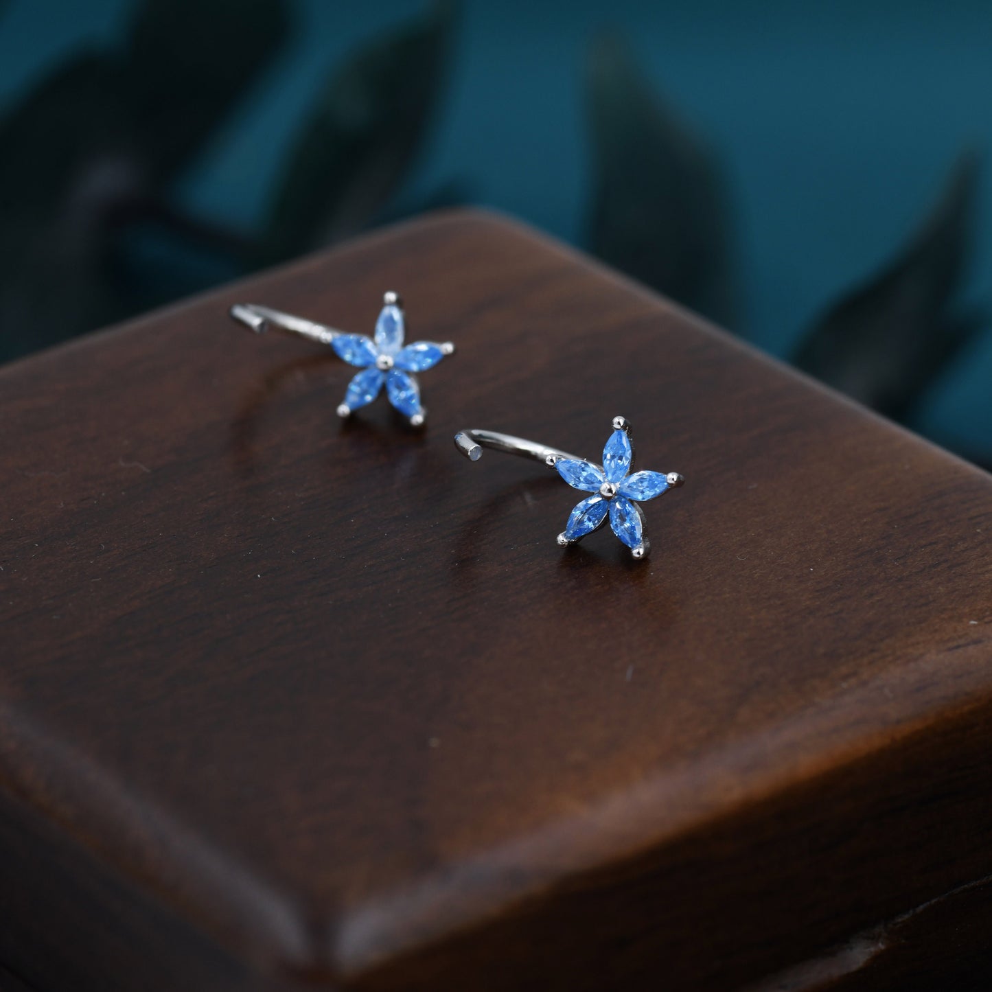 Aquamarine Blue CZ Flower Huggie Hoop Earrings in Sterling Silver, Marquise CZ Flower Threader Hoop Earrings, Pull Through