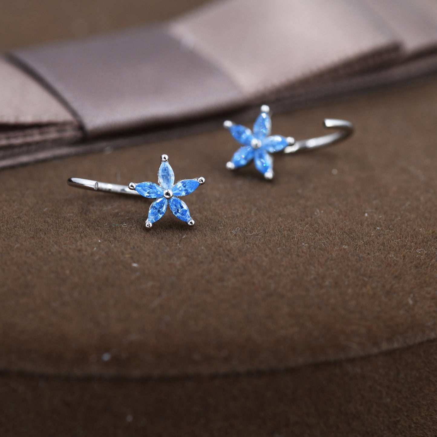 Aquamarine Blue CZ Flower Huggie Hoop Earrings in Sterling Silver, Marquise CZ Flower Threader Hoop Earrings, Pull Through