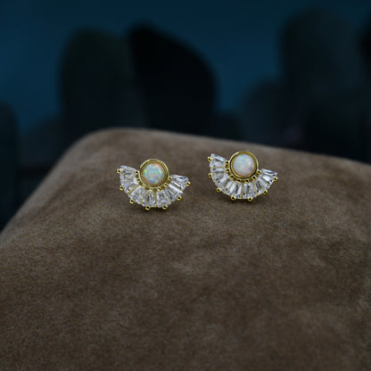 White Opal Fan Stud Earrings in Sterling Silver, Silver or Gold, Crown Opal Earrings, Tiny Fire Opal Earrings, Tribal Inspired.