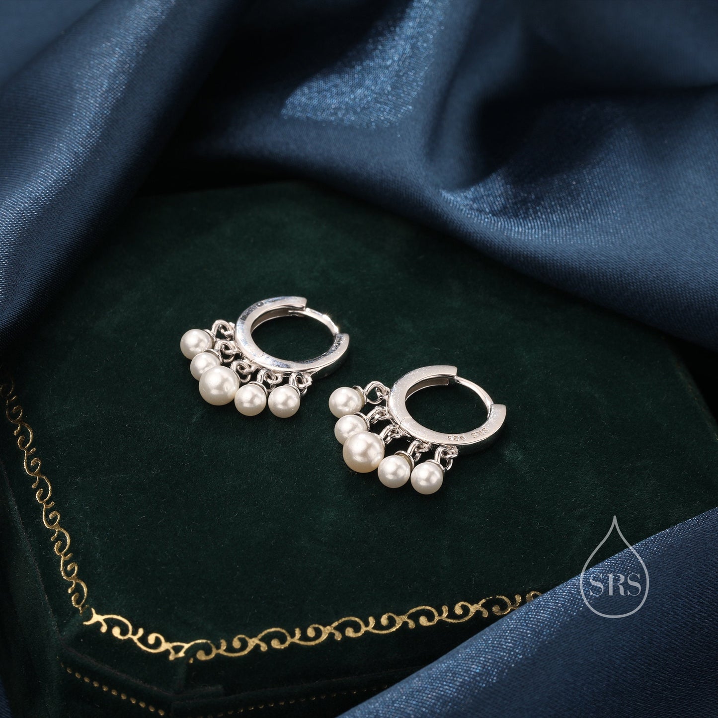 Mother of Pearl Huggie Hoop Earrings in Sterling Silver,  Pearl Cluster Dangle Earrings, Gold and Silver
