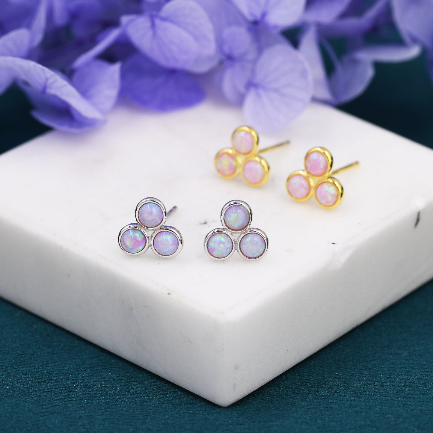 Cosmic Dust Pink Opal Dot Circle Stud Earrings in Sterling Silver - Silver or Gold -  Fire Opal Trio Earrings, Three Opals