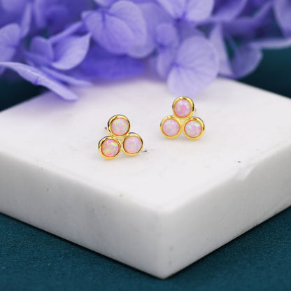 Cosmic Dust Pink Opal Dot Circle Stud Earrings in Sterling Silver - Silver or Gold -  Fire Opal Trio Earrings, Three Opals