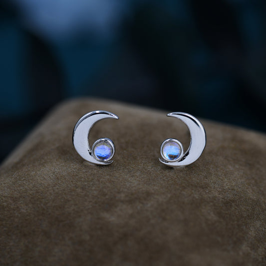 Cresent Moon with Moonstone Stud Earrings in Sterling Silver, Moon Earrings, Moon Stud, Celestial Moon Earrings